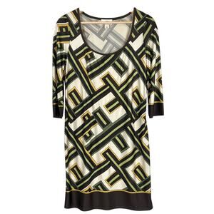 Ann Taylor Loft Geometric Print Shift Dress Womens 6P Green Brown Cream Yellow